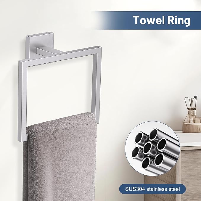 TURS 5-Pieces Brushed Nickel Bathroom Hardware Accessories Set 23.6" Towel Bar Set Wall Mounted Square Toilet Paper Holder with Shelf Stainless Steel