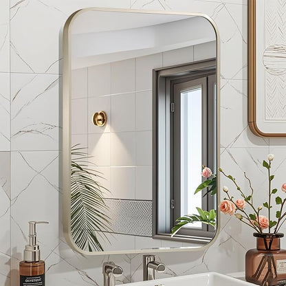 16x24 Inch Brushed Nickel Bathroom Mirror, Framed Rectangle Mirror with Rounded Corner, Brushed Mirror, Silver Bathroom Mirror for Over Sink, Vanity, Living Room, Bedroom, Horizontal/Vertical