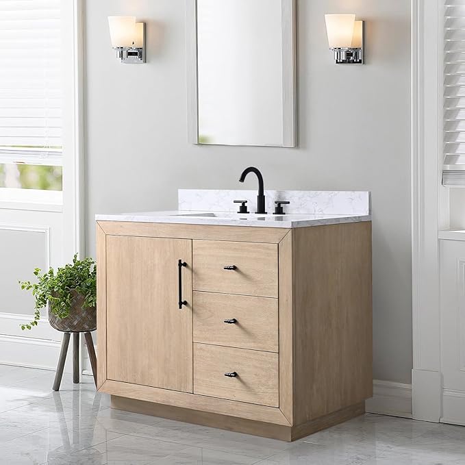 Vanity Art 42" Bathroom Vanity with Sink, Vanity Cabinet with Doors and Shelf, Modern Wood Bathroom Vanity with White Marble Top, Solid Wood Frame, 2 Right Functioning Shaker Drawer,VA70-42-LW-E
