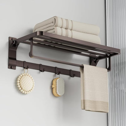90° Foldable Towel Racks for Bathroom Wall Mounted with Rustproof Aluminum Towel Bar5 Towel Hooks 23IN Shelves Organizers Storage for RV Hotel Lavatory Kitchen Home Decor, Matte Gun Grey