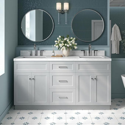 ARIEL Hamlet 66-inch Bathroom Vanity with Sink,Solid Wood, 1.5-inch Carrara White Quartz Countertop & Backsplash, Double Rectangular Porcelain Sink, 4 Soft Closing Doors, 3 Dovetail Drawers, Grey