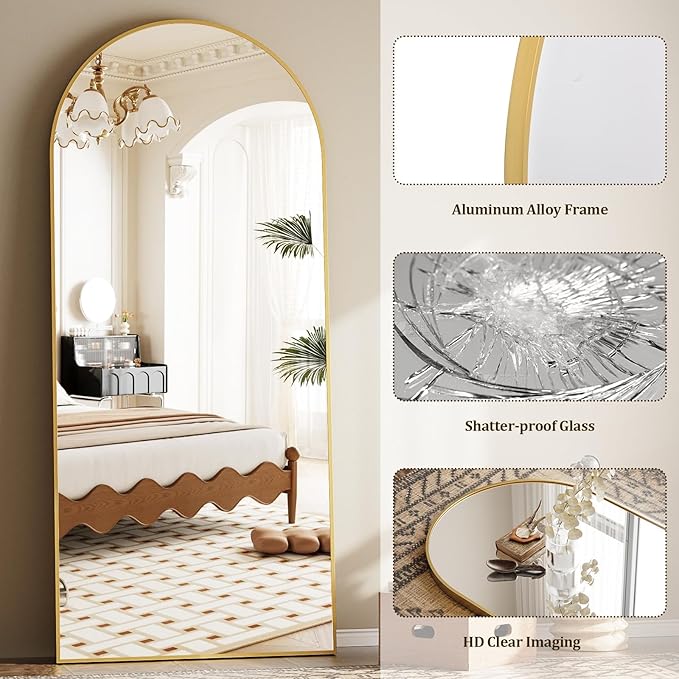 Dewfig Arched Full Length Mirror, 77"x38" Large Floor Mirror, Gold | Aluminum Alloy Frame Oversized Full Body Mirror, HD Shatterproof Tempered Glass, Lean/Stand/Wall for Living Room,Bedroom