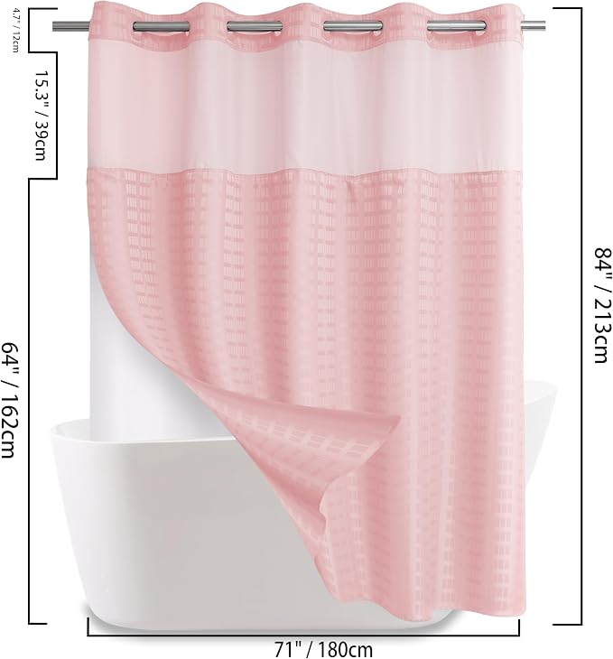 Conbo Mio Extra Long No Hook Shower Curtain with Snap in Liner Set, Hotel Luxury Pink Shower Curtains for Bathroom with See Through Top Window, Waterproof, Washable 71W x 84H