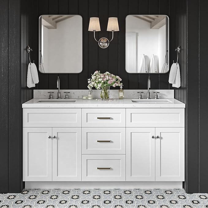 DKB Bradford 66-Inch White Double Bathroom Vanity, 1.5-Inch Edge Carrara Quartz Countertop & Splash, Rectangular Undermount Sinks, 2 Soft Closing Doors, 3 Dovetail Drawers, Toe Kick, Brushed Nickel