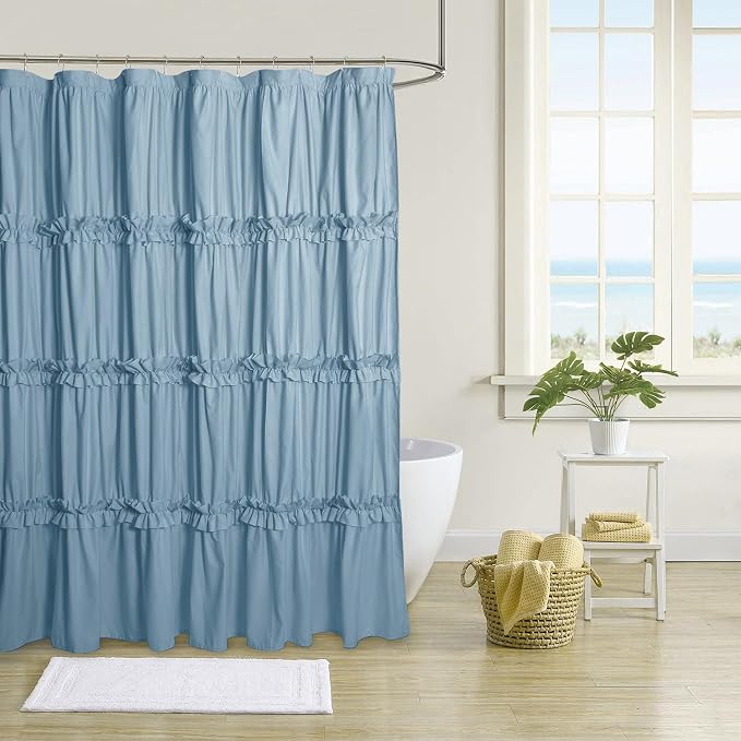 Farmhouse Ruffle Shower Curtain, Fog Blue, 72 x 72 in | Decorative Elegant Bathroom Curtain with 12 Holes, Soft Ruched Microfiber Fabric, Vintage Handmade Design