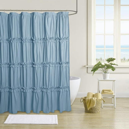 Farmhouse Ruffle Shower Curtain, Fog Blue, 72 x 72 in | Decorative Elegant Bathroom Curtain with 12 Holes, Soft Ruched Microfiber Fabric, Vintage Handmade Design