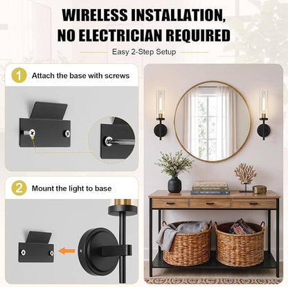 Battery Operated Wall Sconce Set of 2，Black and Gold Wireless Rechargeable Wall Lighting Fixtures with Remote Control，Dimmable Wall Light for Bathroom ，Vanity, Living Room, Bedroom, Hallway, Stairway