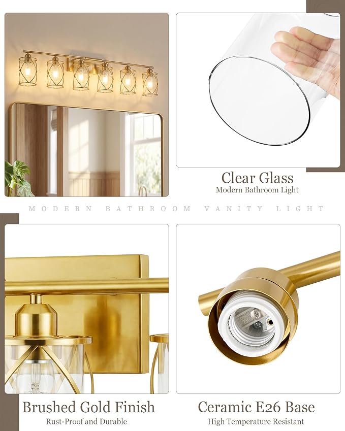 6-Light Brushed Gold Bathroom Light Fixtures Over Mirror with Clear Glass and Metal Cage Shade, 42" UL-Listed Modern Farmhouse Wall Sconce for Bath, Hardwire E26, OS-3014BG-6W