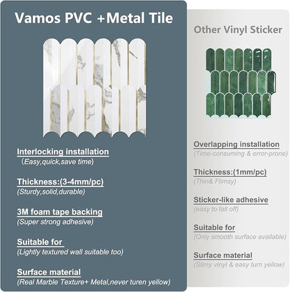 Vamos Tile Peel and Stick Backsplash Seamless Tile,Fish Scale,Glossy,10 pcs | 11.9''x10.8'',White & Gold Marble PVC+Light Gold Stick on Backsplash Tile for Kitchen & Bathroom & Laundry & Camper