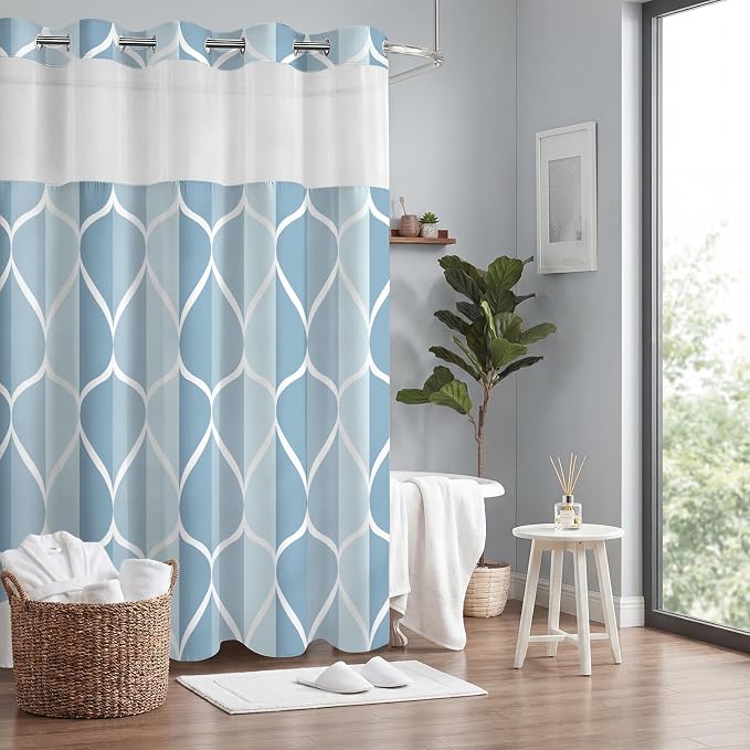 Gelbchu Light Blue No Hook Shower Curtain with Snap-in Liner, 71 x 74 Inch | Built-In Hooks, Mesh Top Window, Water-Repellent, Machine Washable, Quick Drying, Premium Polyester, Hotel Style, Modern