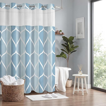 Gelbchu Light Blue No Hook Shower Curtain with Snap-in Liner, 71 x 74 Inch | Built-In Hooks, Mesh Top Window, Water-Repellent, Machine Washable, Quick Drying, Premium Polyester, Hotel Style, Modern