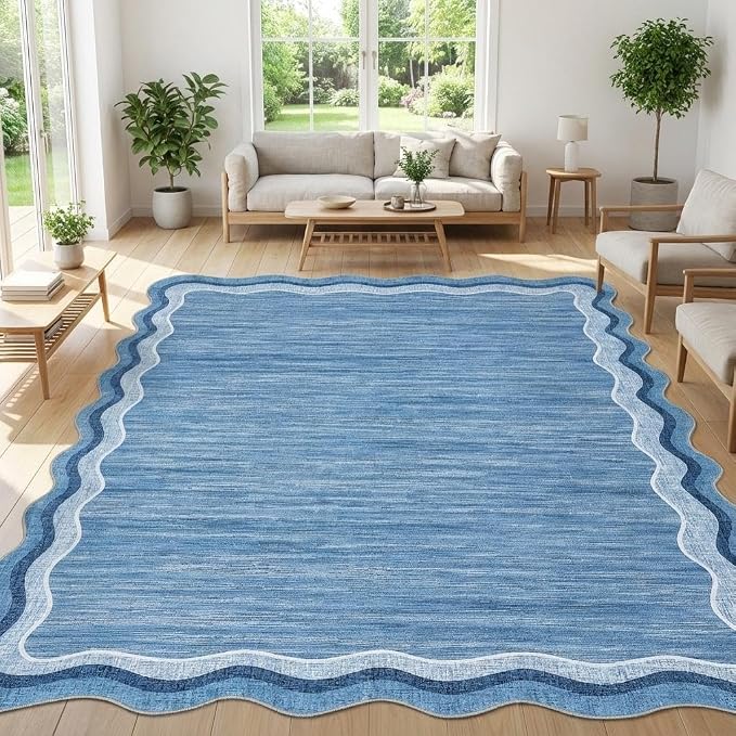 Garvee Navy Scalloped 9x12 Area Rugs for Girls Room Large Washable Rugs | Neutral Solid Rug Stain Resistant Non Slip Floor Mat Carpet Indoor Accent Rug for Bedroom Dining Room Playroom Home Decor