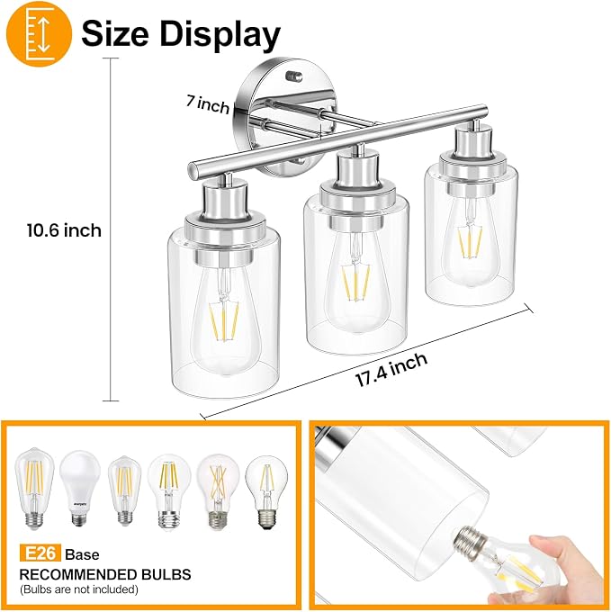 Bathroom Light Fixtures Chrome Vanity Light Silver 3 Light Modern | Wall Sconces Lighting Bathroom with Clear Glass Shades Bath Wall Lights Wall Lamp for Mirror, Kitchen Living Room Hallway