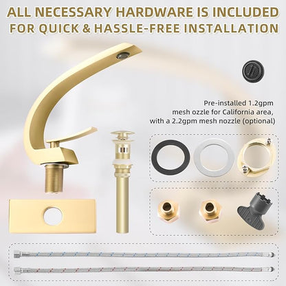 Brushed Gold Bathroom Sink Vanity Elegance Swan Faucet for 1 Hole With 6-Inch 3 Hole Deckplate,Rikaziya Bathroom Fixtures Faucets Pop Up Overflow Drain With 9/16" Supply Hose and to 1/2" Adapter Combo