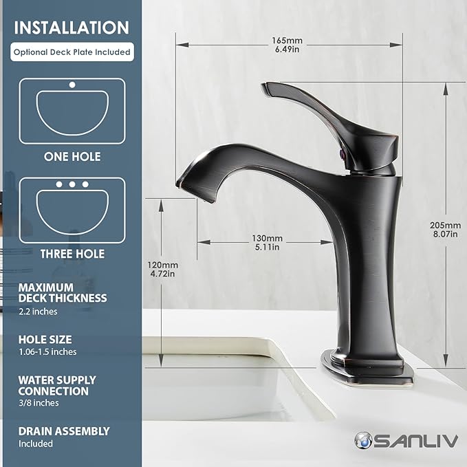Oil Rubbed Bronze Bathroom Faucet, Sanliv Single Handle Centerset Bathroom Sink Faucet with Pop-Up Drain & Deck Plate for 1 or 3-Hole (4 inch) Installation, Bronze Vanity Faucet, ORB