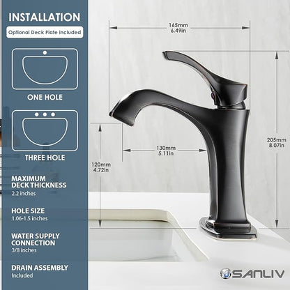 Oil Rubbed Bronze Bathroom Faucet, Sanliv Single Handle Centerset Bathroom Sink Faucet with Pop-Up Drain & Deck Plate for 1 or 3-Hole (4 inch) Installation, Bronze Vanity Faucet, ORB