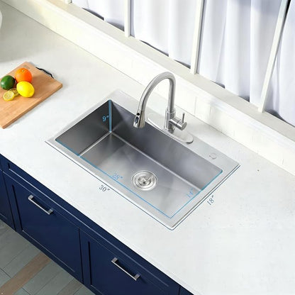 Friho 30x18 Inch Drop In Kitchen Sink, Top Mount Silver SUS304 Stainless Steel Single Bowl, 18 Gauge Handmade Sink