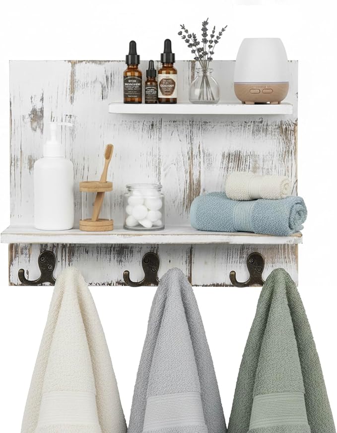 MyGift 2 Tier Wall Mounted Shabby White Washed Solid Wood Bathroom Storage Shelves, Decorative Entryway Floating Shelf Rack with 6 Hooks for Hanging Towels | Shabby Chic Finish, Six Hanging Points, Two Level Design, Space Saving Solution, Rustic Home A...
