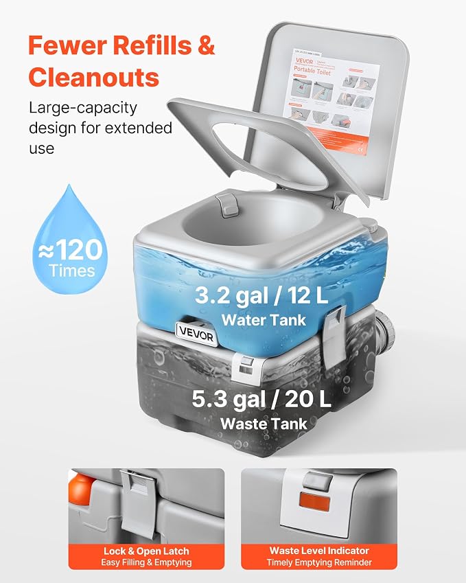 VEVOR Portable Toilet, 5.3 Gallon Detachable Waste Tank & 3.2 Gal Flush Tank, Outdoor Porta Potty for Adults with Level Indicator, Carry Bag, Suitable for RV Travel, Camping, Hiking, Boating
