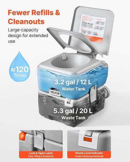 VEVOR Portable Toilet, 5.3 Gallon Detachable Waste Tank & 3.2 Gal Flush Tank, Outdoor Porta Potty for Adults with Level Indicator, Carry Bag, Suitable for RV Travel, Camping, Hiking, Boating