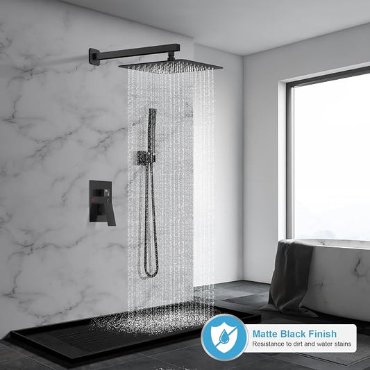 Black Shower System, Shower Faucet Set Bathroom Square Rain Shower Head and Handle Set, Wall Mounted Shower Fixtures With Shower Valve and Trim Kit 12 inch Matte Black
