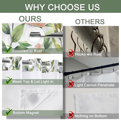 No Hook Shower Curtain and Liner Set, Sage Green Eucalyptus 71x74 | Floral Design, with Snap in Liner, See-Through Top Window, Waterproof, Machine Washable, Quick-Drying, for Hotel Bathroom