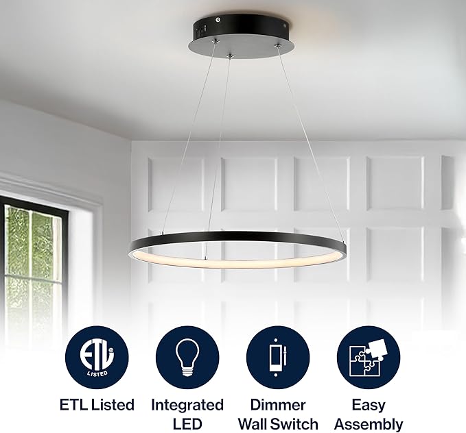 JONATHAN Y 15.75" Matte Black Modern Integrated LED Pendant Light, Dimmable Round Hoop Chandelier for Kitchen Island, Dining Room, Adjustable Height Metal Hanging Light JYL7202A