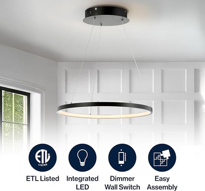 JONATHAN Y 15.75" Matte Black Modern Integrated LED Pendant Light, Dimmable Round Hoop Chandelier for Kitchen Island, Dining Room, Adjustable Height Metal Hanging Light JYL7202A