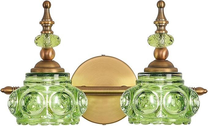 Vintage Vanity Light Fixtures, Green 2-Light Bathroom Lighting, Vintage Wall Sconce with Crystal Glass Shade Rust-Proof and Durable for Bathroom Bedroom Living Room Hallway