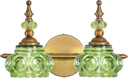 Vintage Vanity Light Fixtures, Green 2-Light Bathroom Lighting, Vintage Wall Sconce with Crystal Glass Shade Rust-Proof and Durable for Bathroom Bedroom Living Room Hallway