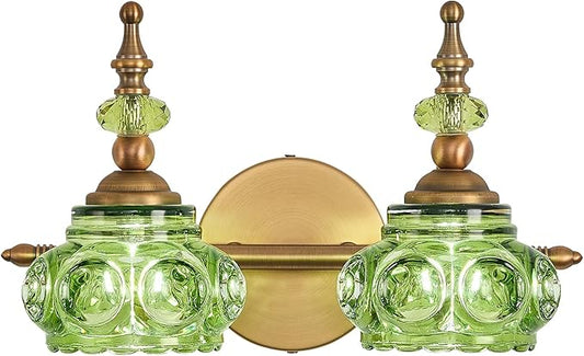 Vintage Vanity Light Fixtures, Green 2-Light Bathroom Lighting, Vintage Wall Sconce with Crystal Glass Shade Rust-Proof and Durable for Bathroom Bedroom Living Room Hallway