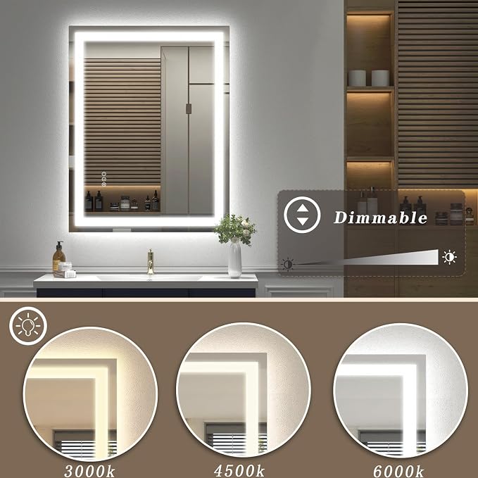 24x36 LED Lighted Bathroom Mirror for Vanity Wall | Front Light and Backlit, Anti-Fog, Memory, 3 Color, Tempered Glass, Dimmable, Rectangular, UL, Horizontal/ Vertical Mounted