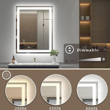 24x36 LED Lighted Bathroom Mirror for Vanity Wall | Front Light and Backlit, Anti-Fog, Memory, 3 Color, Tempered Glass, Dimmable, Rectangular, UL, Horizontal/ Vertical Mounted