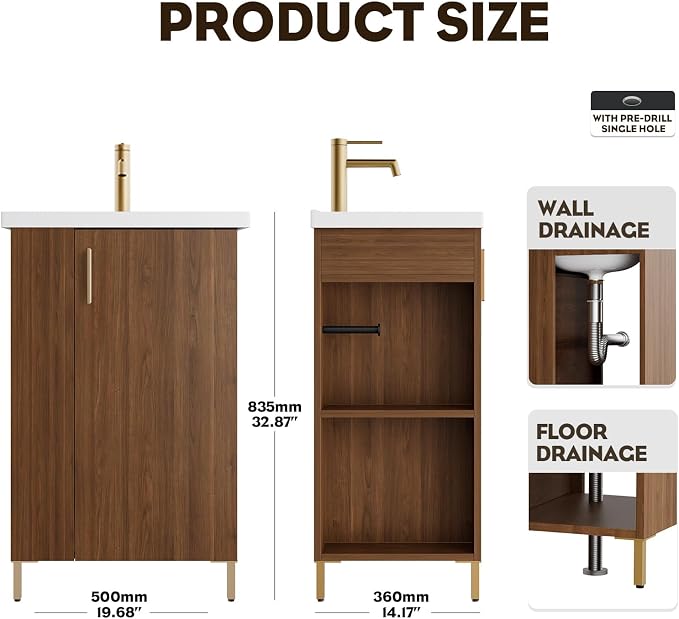 Pre-Assembled 20 Inch Small Bathroom Vanity, Freestanding Walnut Bathroom Cabinet with Ceramic Sink, Soft-Close Door, Left Side Storage, No Faucet, BV05-20-WALNUT-PLUS