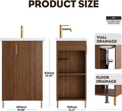 Pre-Assembled 20 Inch Small Bathroom Vanity, Freestanding Walnut Bathroom Cabinet with Ceramic Sink, Soft-Close Door, Left Side Storage, No Faucet, BV05-20-WALNUT-PLUS