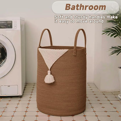 JMvicyroam 60L Cotton Rope Laundry Basket Hamper, Golden Jute | Collapsible Laundry Basket, Reinforced Handles, Freestanding, Machine Washable, Holds 3-5 Thick Blankets, Clothes or Toys