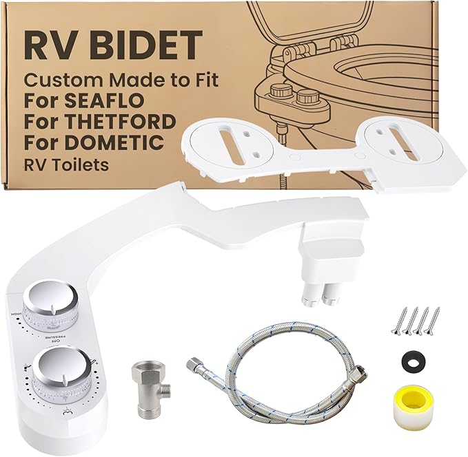 RV Bidet Toilet Seat Attachment, Support for SEAFLO, RV Bidet for Camper Toilet with Dual Nozzles, Self/Rear/Front Cleaning, Non-Electric, Adjustable Water Pressure, Fresh Water