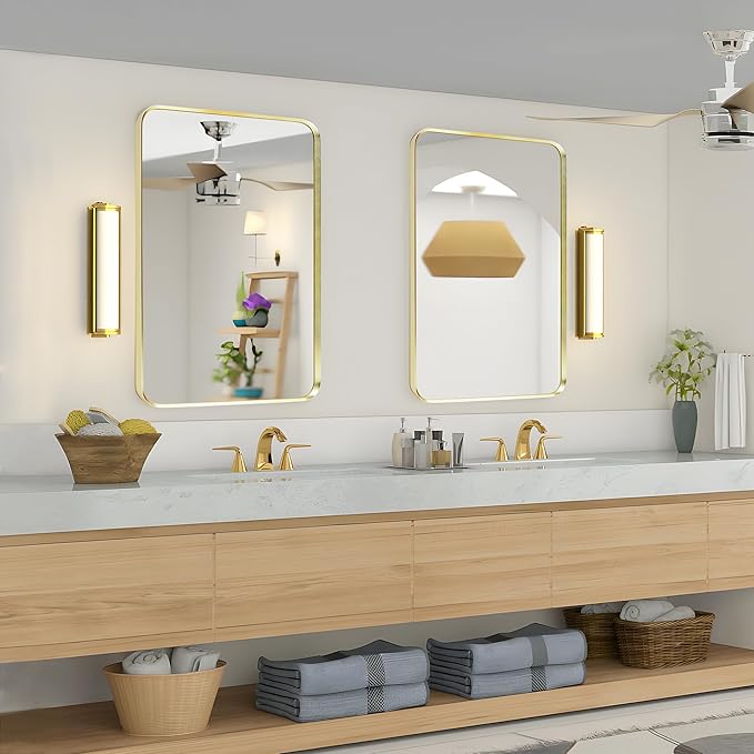 Gold Bathroom Mirror 16x20in, Metal Framed Rounded Rectangle Wall | Tempered Glass, Anti-Rust Frame, Hangs Horizontal or Vertical, HD Reflection Clarity