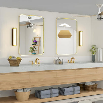Gold Bathroom Mirror 24x36in, Metal Framed Rounded Rectangle Wall | Tempered Glass, Anti-Rust Frame, Hangs Horizontal or Vertical, HD Reflection Clarity