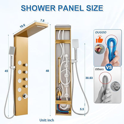 Shower Panel Tower System with Rainfall & Waterfall Shower, 5 Body Jets, 3-Function Handheld, 304 Stainless Steel Shower Tower Column, Gold