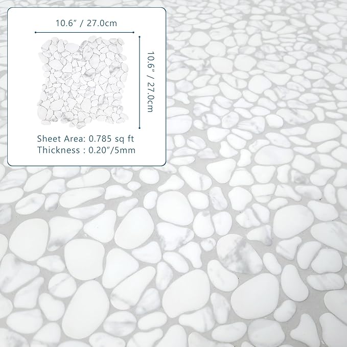 SUNWINGS 10-Sheet Pebble Tile for Shower Floor Border Kitchen Bathroom Backsplash, Carrara White Recycled Glass Marble Stone Looks Wall and Floor Tile, Covers 7.9 Sq. Ft