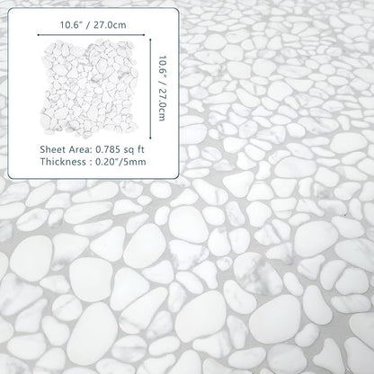 SUNWINGS 10-Sheet Pebble Tile for Shower Floor Border Kitchen Bathroom Backsplash, Carrara White Recycled Glass Marble Stone Looks Wall and Floor Tile, Covers 7.9 Sq. Ft