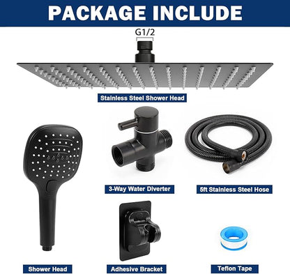 NearMoon Shower Head with Hose, High Pressure Stainless Steel Rain Shower and 3 Settings Handheld Spray Combo with Push Button Flow Control (12 Inch, Matte Black)
