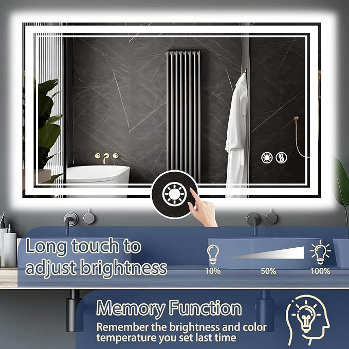 48“ x 28” LED Bathroom Mirror with Lights Anti-Fog Dimmable 3 Colors LED Mirror for Bathroom Memory Function Smart Mirror Wall Mounted Horizontal/Vertical