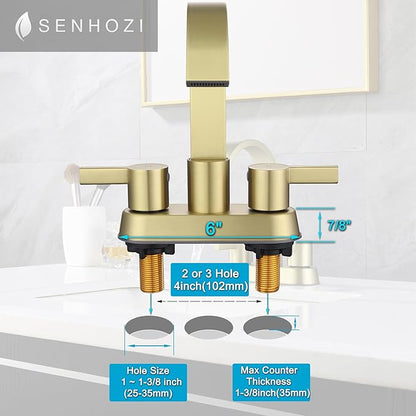 Bathroom Sink Faucet 3 Hole Brushed Gold, 2 Handle 4 Inch Centerset Stainless Steel Bathroom Faucet with Pop up Drain and 2 Supply Lines, SE-0048-BG
