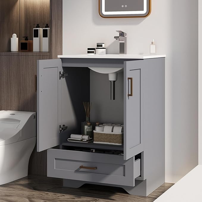 24 inch Bathroom Vanity with Sink, Modern Grey Vanity for Bathroom with Undermount Ceramic Sink, Freestanding 2-Door & 1-Drawer Storage Cabinet, for Small Bathroom Space, (Grey, 24")