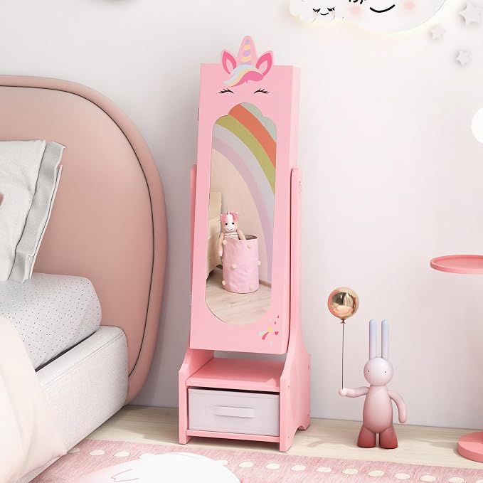 CHARMAID Kids Jewelry Cabinet - 45.5" Standing Armoire With Full Length Mirror, Organizer With Storage Drawers, Vanity Dressing Mirror for Girls (Pink)
