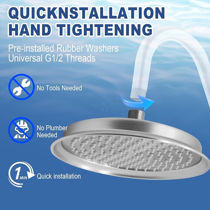 Brushed Nickel Rain Shower Head, 9" Round Rainfall Waterfall Overhead Showerhead High Pressure Vintage Shower Heads with Silicone Nozzle for Bathroom Shower
