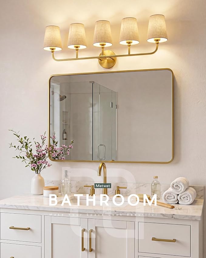 5-Light Brushed Gold Bathroom Vanity Light, Brown Linen Fabric Shade | 35 Inch gold bathroom light fixture over mirror, UL listed, E26 bulbs, hardwired, upward only, VL837-BG-L-5