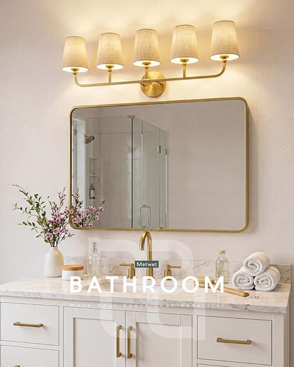 5-Light Brushed Gold Bathroom Vanity Light, Brown Linen Fabric Shade | 35 Inch gold bathroom light fixture over mirror, UL listed, E26 bulbs, hardwired, upward only, VL837-BG-L-5
